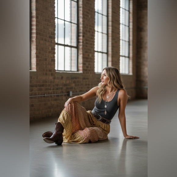 NWT Angie Clothing Boho Floral Print Mixed Media Maxi Skirt - Picture 2 of 14